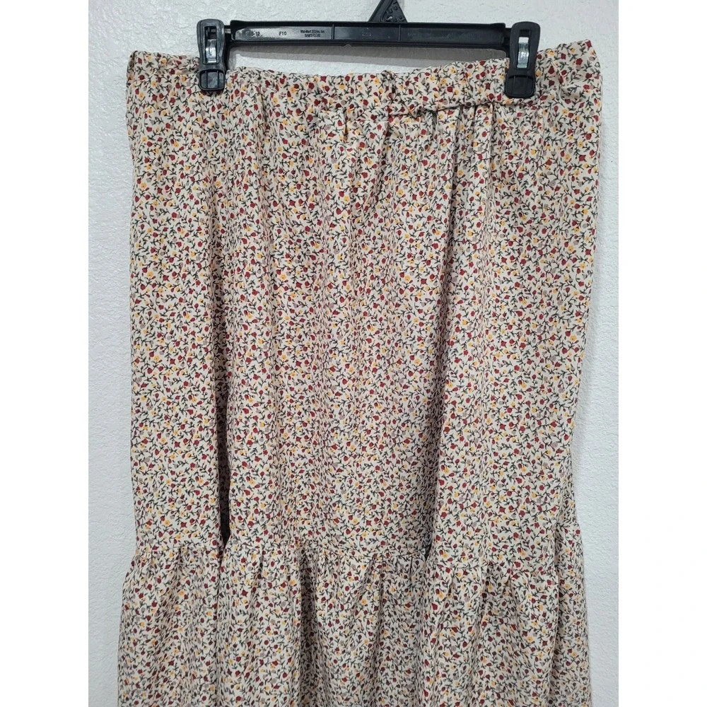 Floral Tiered Midi Skirt Elastic Waist Cream Red Yellow Ditsy Print Boho #P3/20